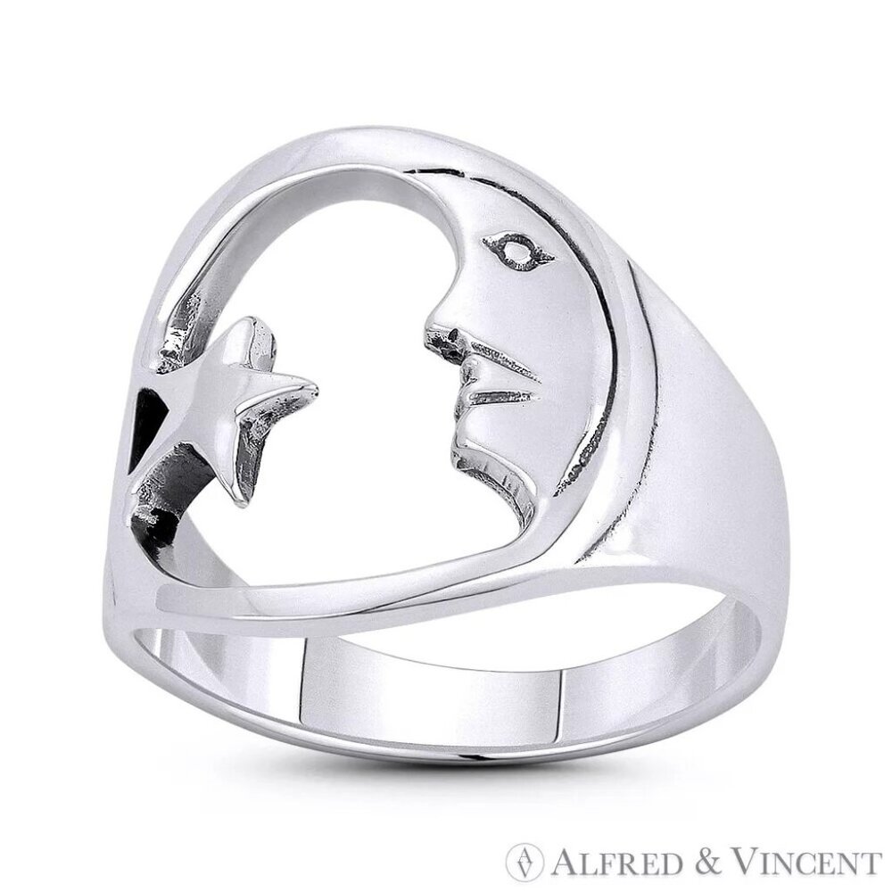 Waxing Crescent Moon Face & Star Lunar Charm Ring in .925 Sterling Silver Sz.9
